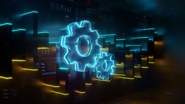 Glowing blue gear mechanism representing data processing