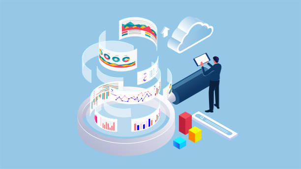 Isometric illustration of a person interacting with charts and cloud data