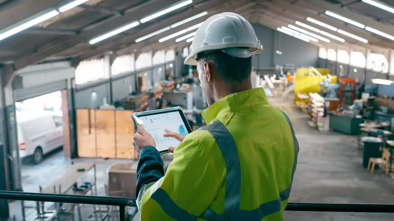 Construction or warehouse worker in hard hat looking at a tablet