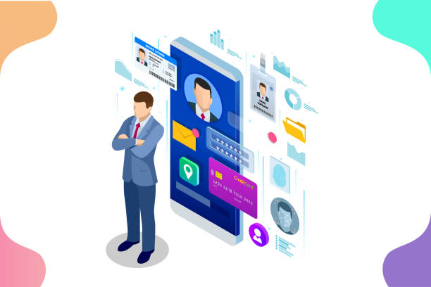 Isometric illustration of a person logging in via mobile