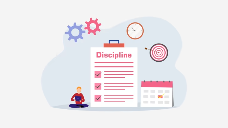 Clipboard with Discipline checklist, gears, clock, and target