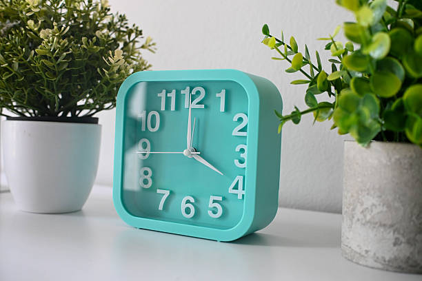 Teal alarm clock next to potted plants representing time tracking