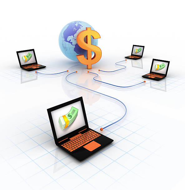 Global payroll API network with laptops and a globe