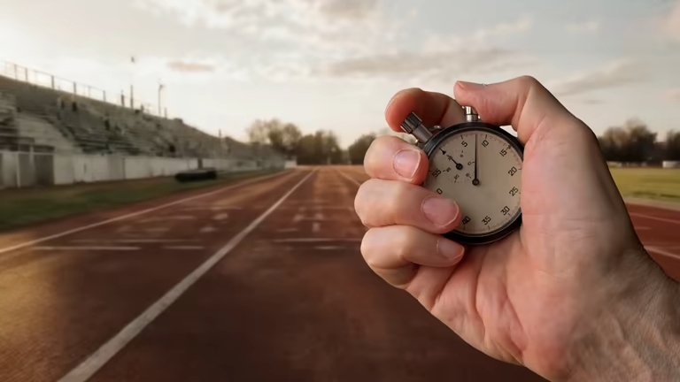 Close-up of a hand holding a stopwatch on a running track