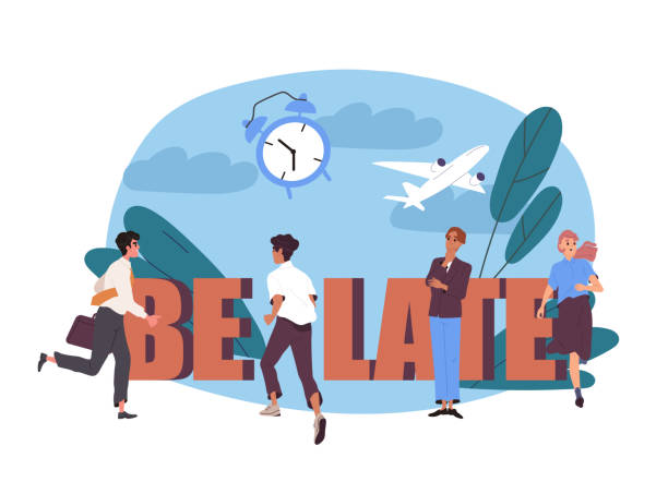 Illustration of people and the words BE LATE