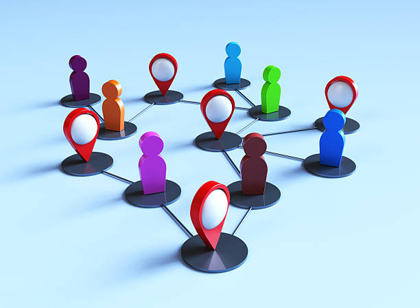 3D people figures connected with map location pins