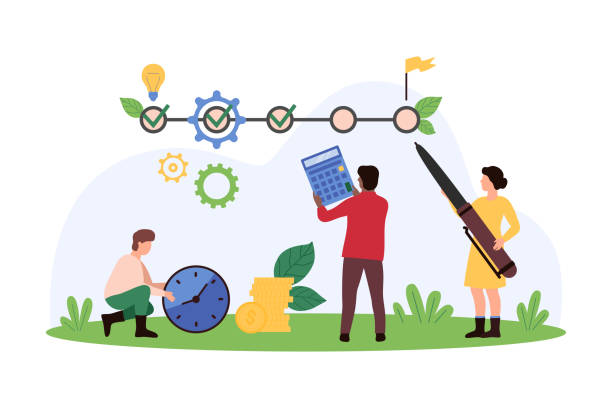 Illustration of location tracking concept with gears, clock, and people