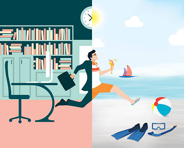 Illustration showing a man rushing in an office and relaxing on a beach