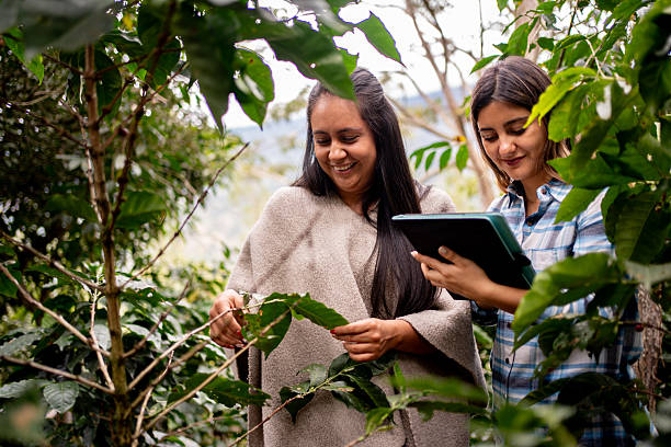 Two women looking at a tablet in a field