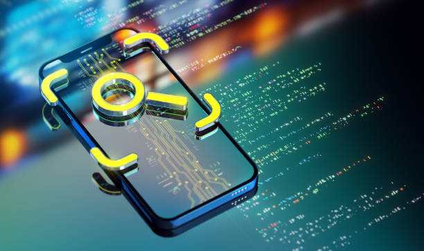 Smartphone with a magnifying glass and clock icon on a code background