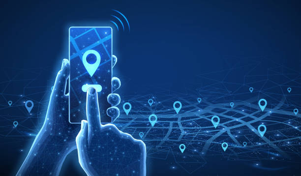 Hand holding smartphone with network and GPS nodes