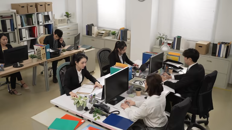 Hourly team working in an office