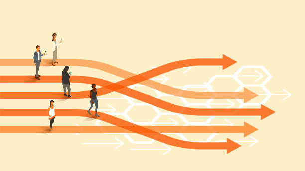 Illustration of people walking on arrows