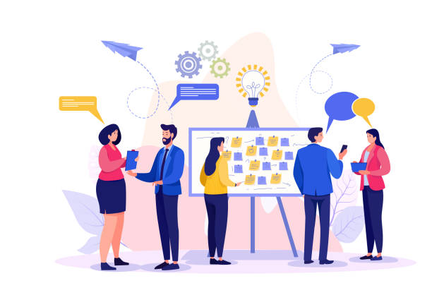 Illustration of people around a board with gears and a lightbulb