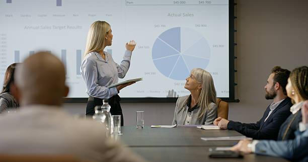 A presentation meeting with pie charts on a screen
