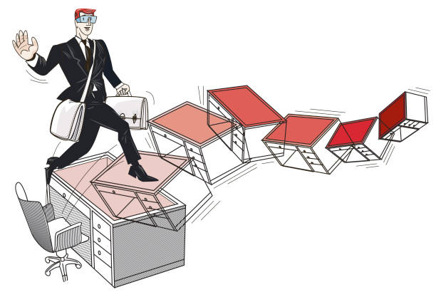 Cartoon of a man stepping over desks and chairs