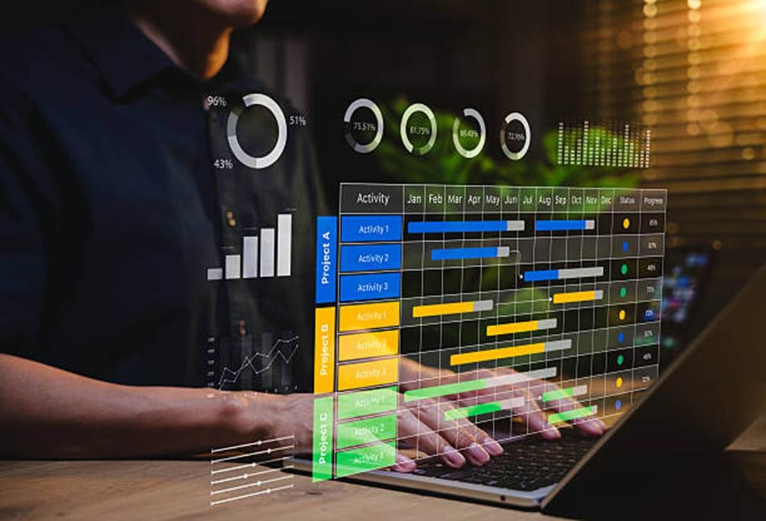 Analytics dashboard with charts and project data