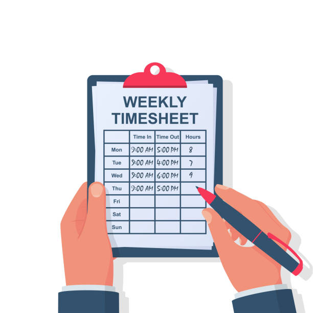 Illustration of a hand holding a clipboard with a timesheet