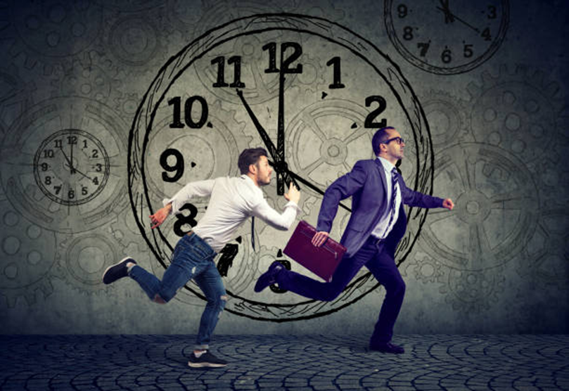 Two business people running in front of a large clock, representing time tracking mistakes