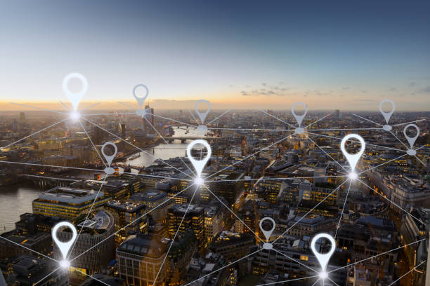 Cityscape with location pins representing network connectivity