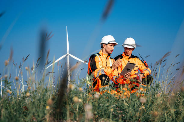 Workers at wind turbine site