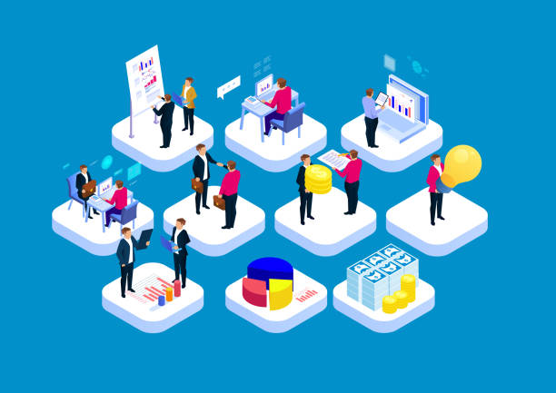 Isometric illustration of business people and analytics on hex grids
