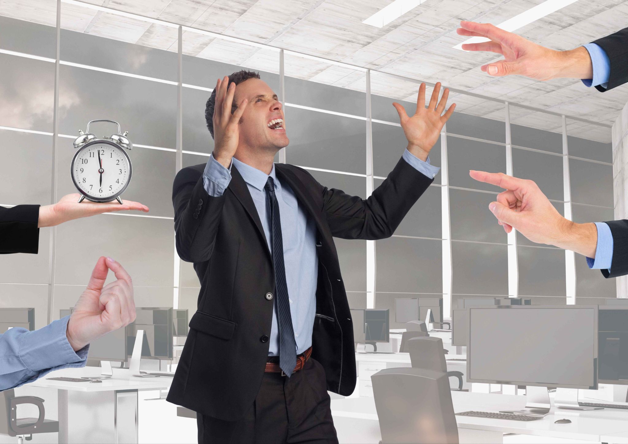 Stressed manager surrounded by hands pointing and holding a clock