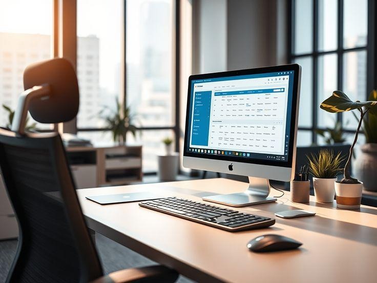 Desktop computer displaying a time tracking software interface in a modern office