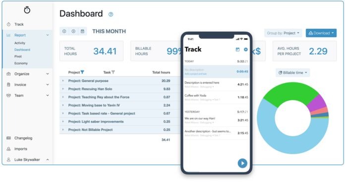 Software Dashboard showing time tracking, billable hours, and charts