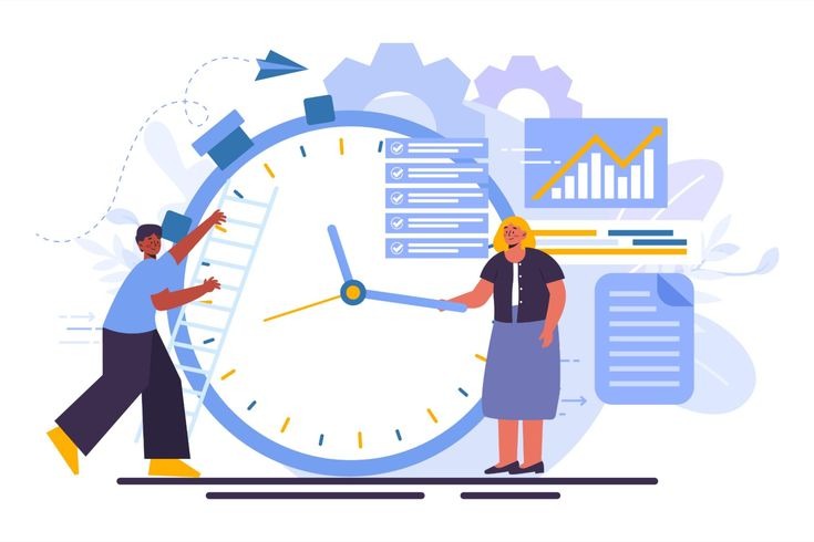 Illustration of people managing time around a large clock and charts