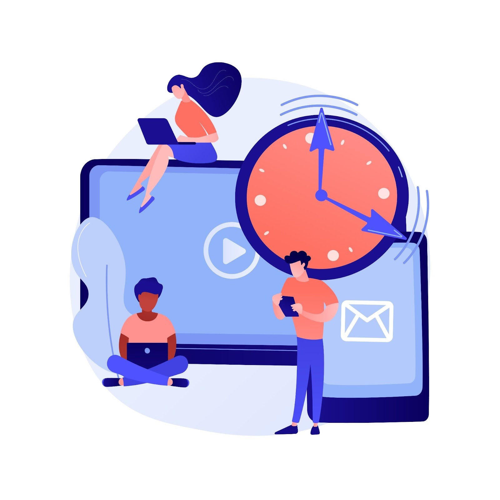People using devices around a clock