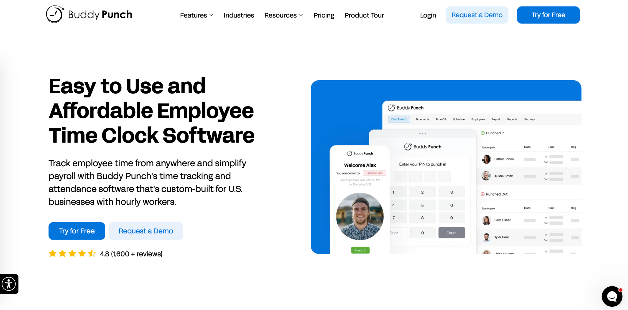 Buddy Punch website interface showing time clock features