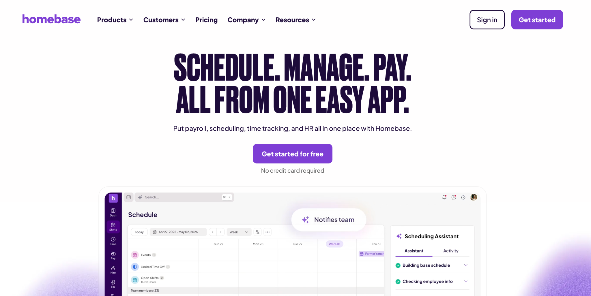 Homebase website interface showing scheduling and time tracking