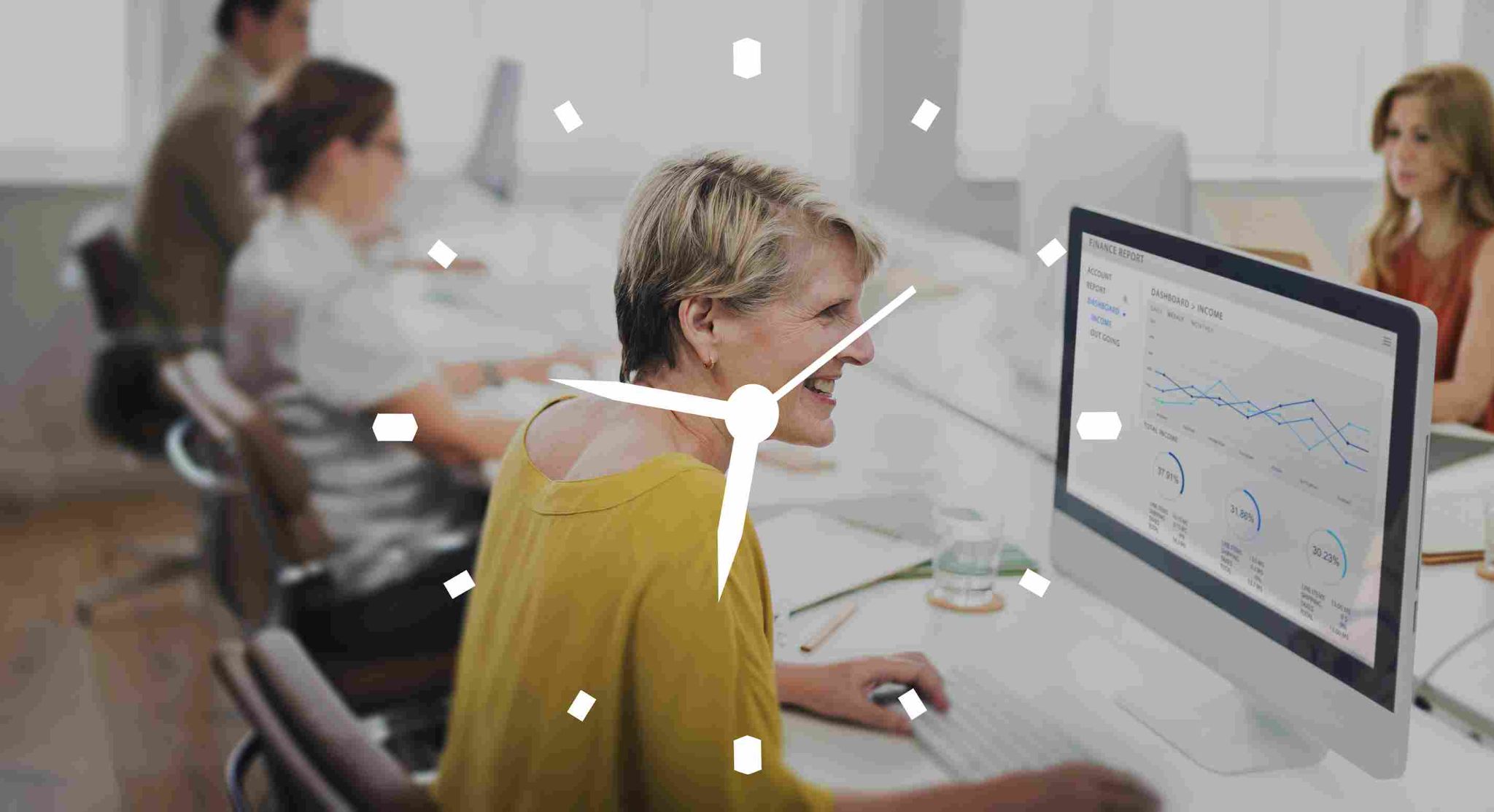 People working in an office with a clock overlay