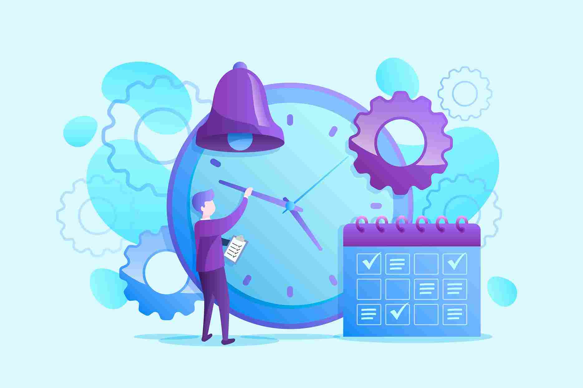 Illustration of a person managing time with a bell, gear, and calendar