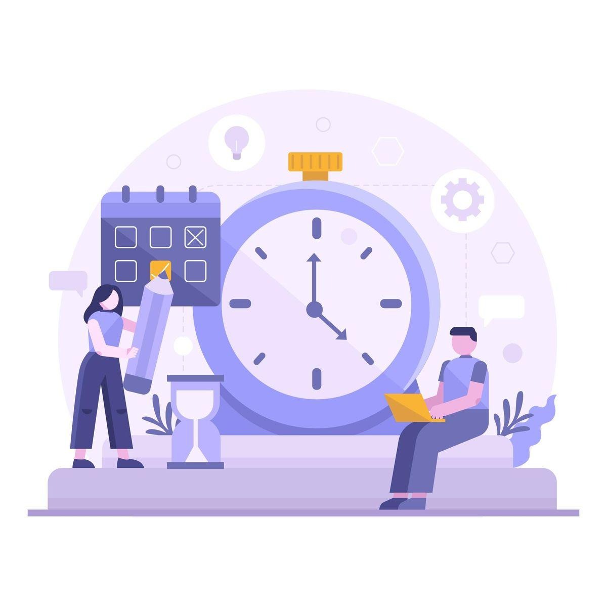 Illustration of people managing time around a large clock