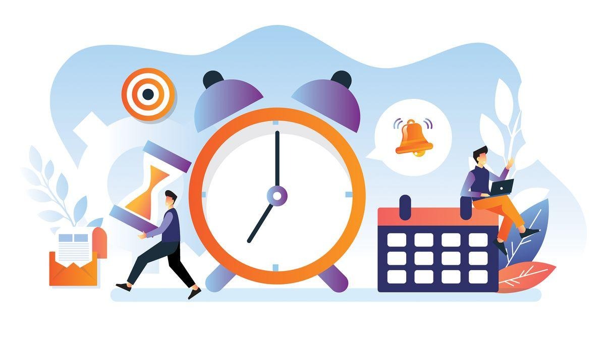 Illustration of a large alarm clock with a calendar and working people