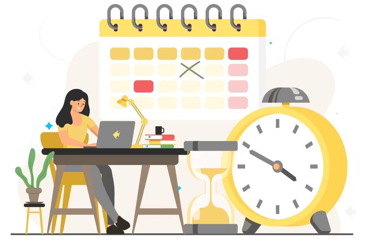 Illustration of a person working at a desk with a laptop, hourglass, and clock