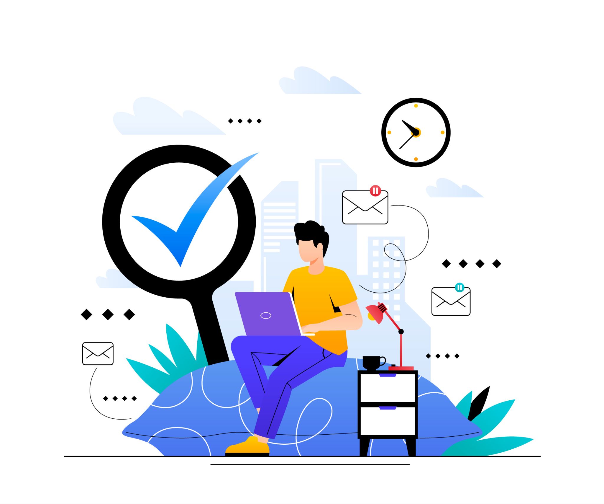 Person working on laptop with clock and checkmark
