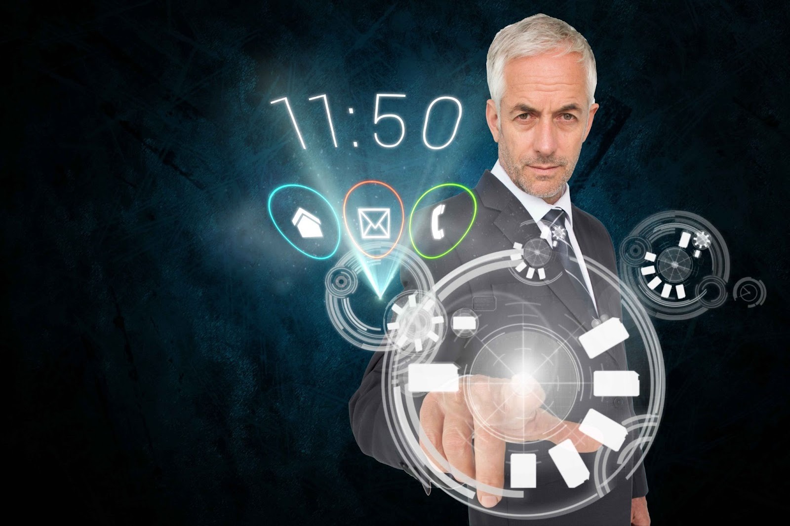 Man interacting with digital clock interface