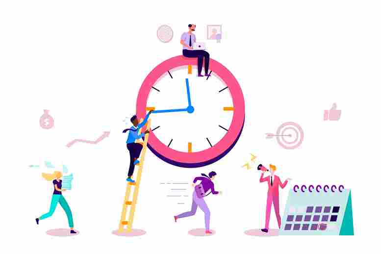 Illustration of people managing time around a large clock and calendar