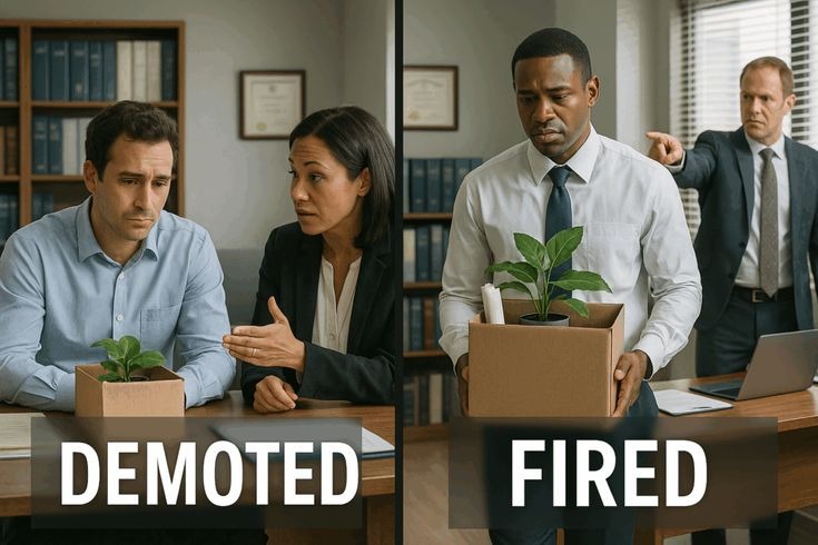 Two scenes showing an employee being demoted and an employee being fired