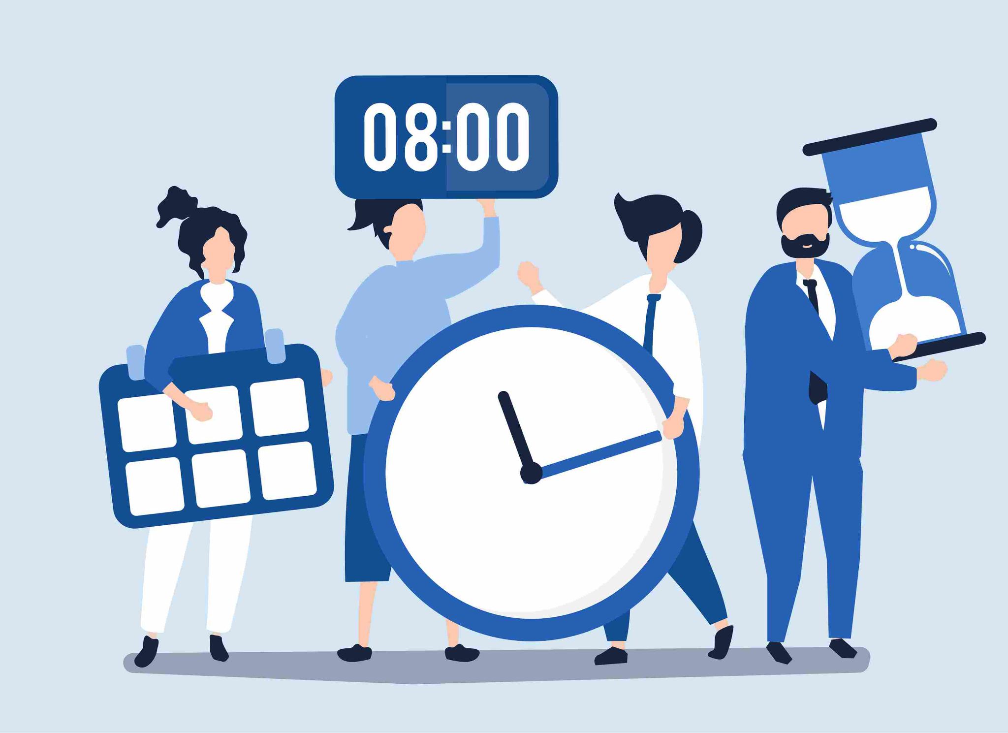 Illustration of employees and a clock