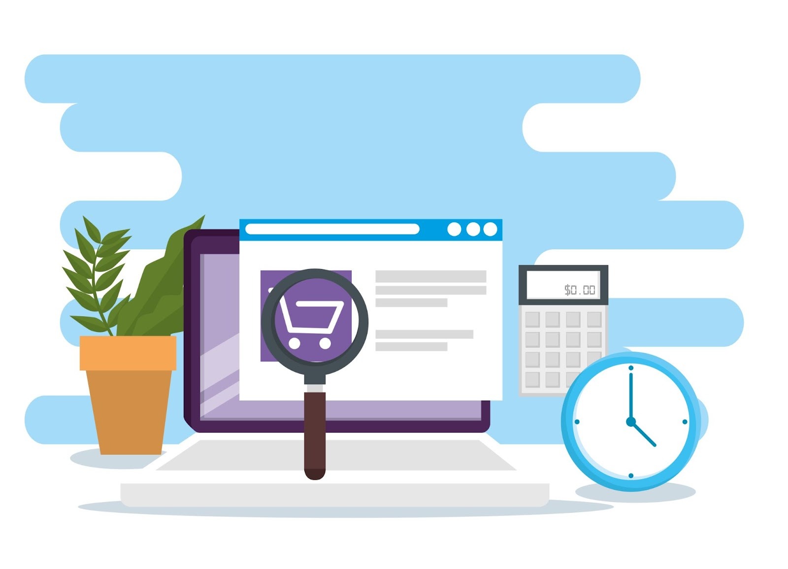Illustration of computer, magnifying glass, calculator, and clock