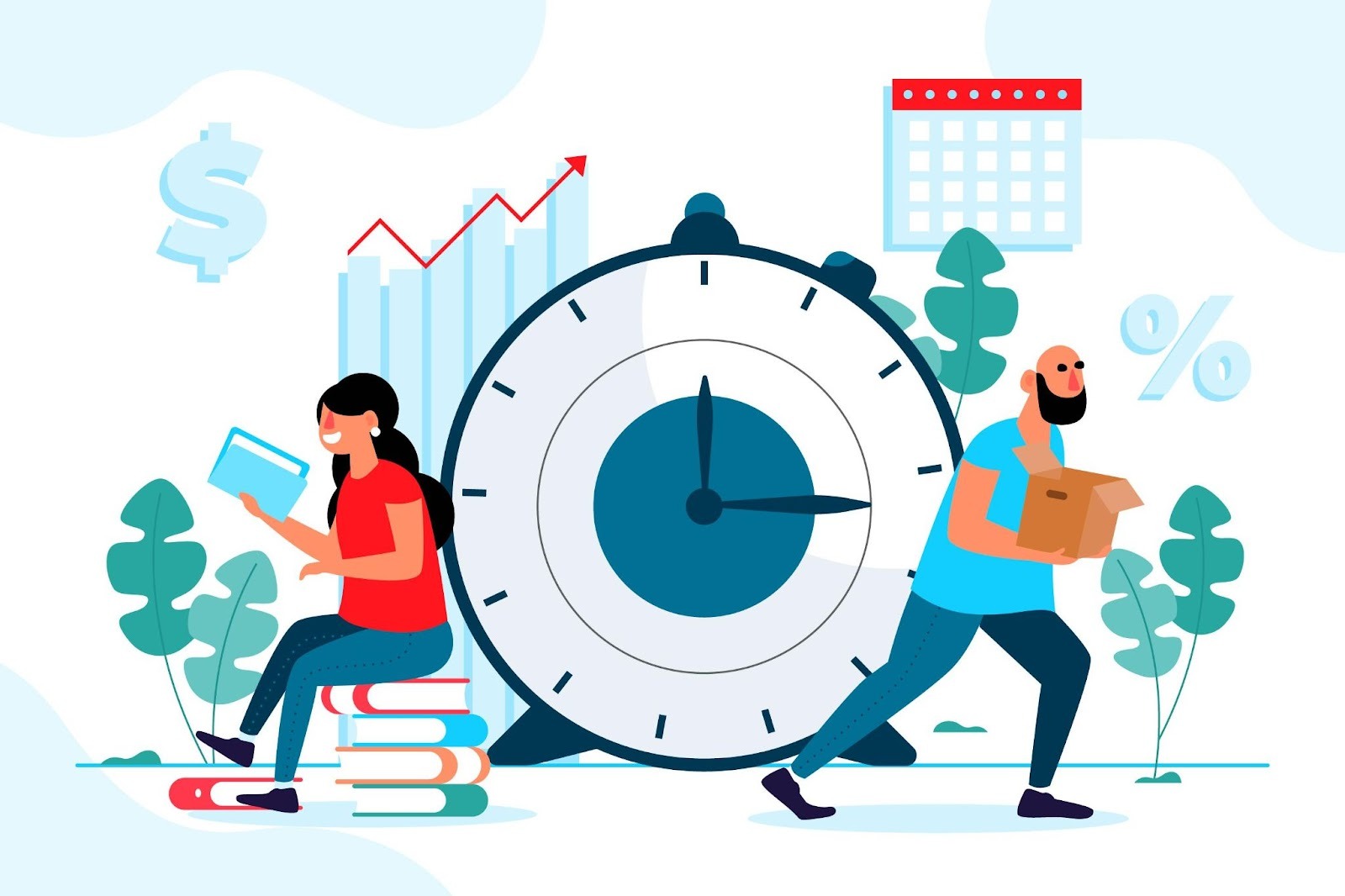 Illustration of people carrying boxes and books near a large clock and charts