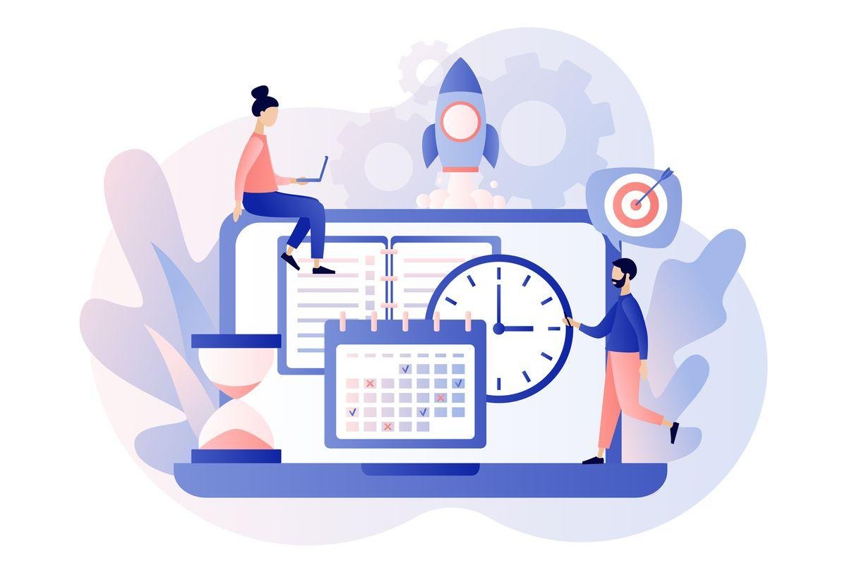 Employee Time Tracking Illustration with Clock and Rocket