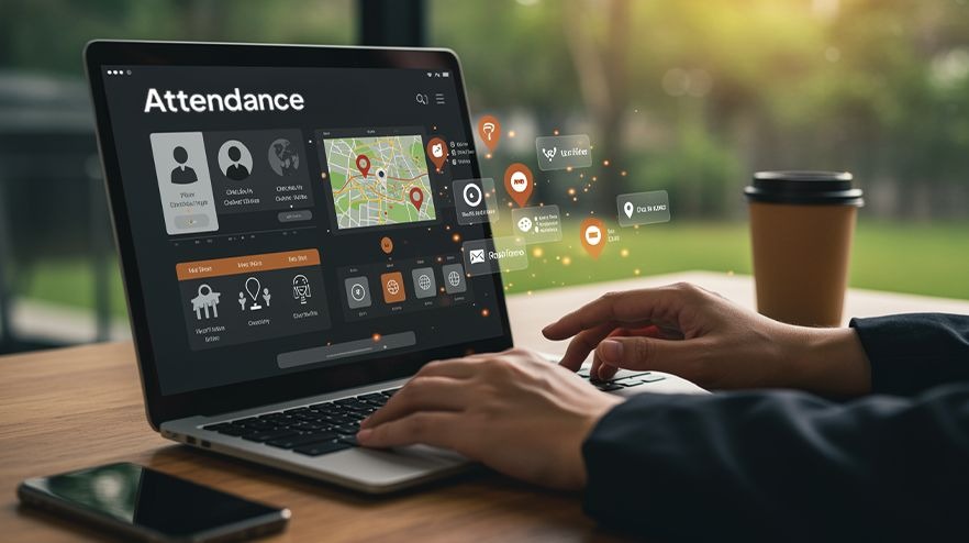 Field Staff Attendance App Interface on Laptop and Phone