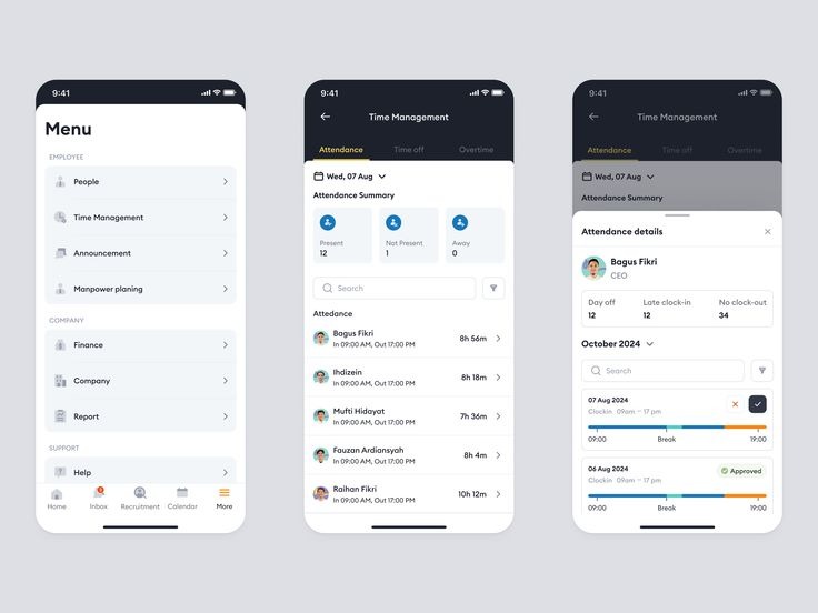 Mobile Phone Screens Showing Attendance App Features