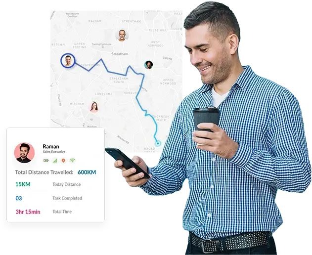 Man using mobile phone with map and route tracking graphic