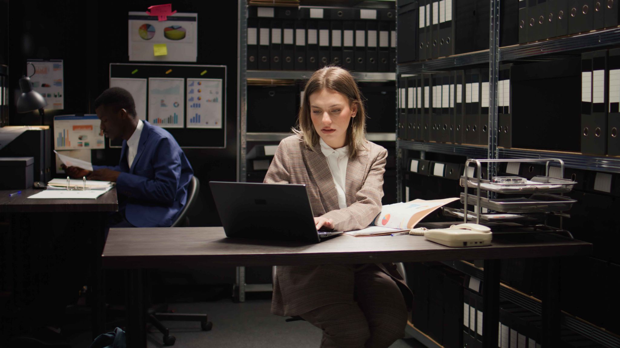 Woman working on a laptop in an office